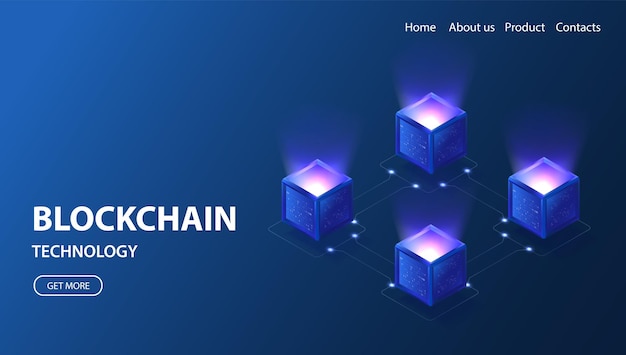 Blockchain-teknik isometrisk banner 3D neon vektorillustration Blockanslutningsnätverk