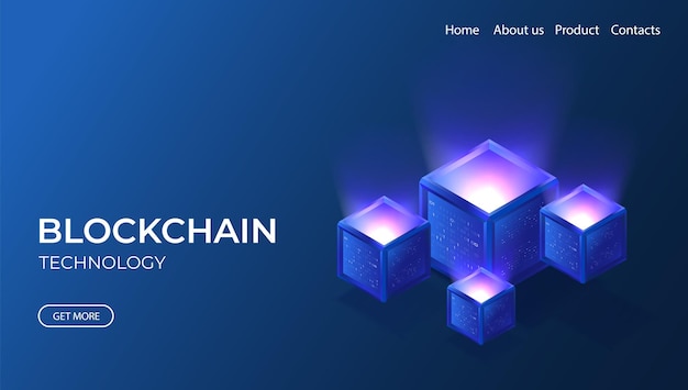 Blockchain teknologi isometrisk banner 3D neon illustration med digital cryptocurrency koncept