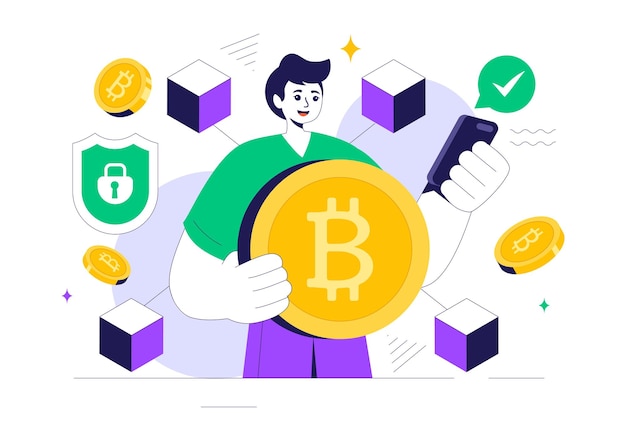 blockchain vector illustration featuring a tech architect working at a computer with crypto community management and cube blocks in the background