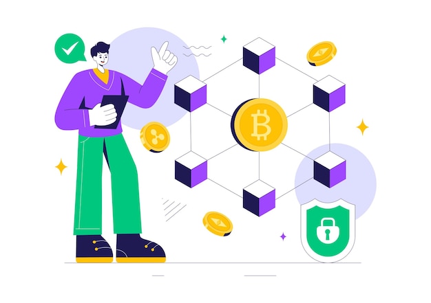 blockchain vector illustration featuring a tech architect working at a computer with crypto community management and cube blocks in the background