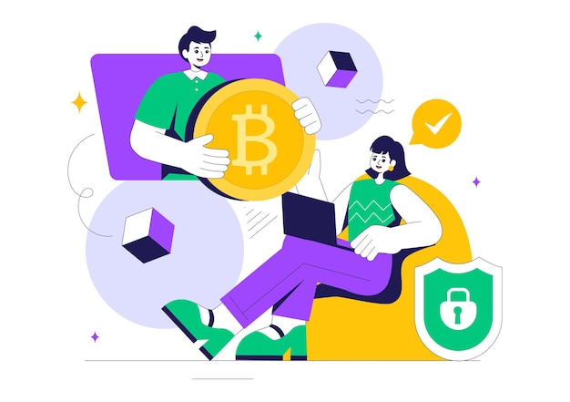Blockchain Vector Illustration featuring a Tech Architect working at a Computer with Crypto Community Management and Cube Blocks in the Background