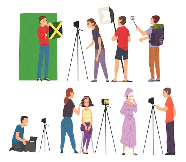 Bloggers streaming online set cameraman soundman and light technician recording video social media
