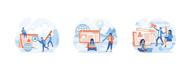 Blogging Blog authors writing articlesCreative writing Copy writer Content management Blogger set flat vector modern illustration