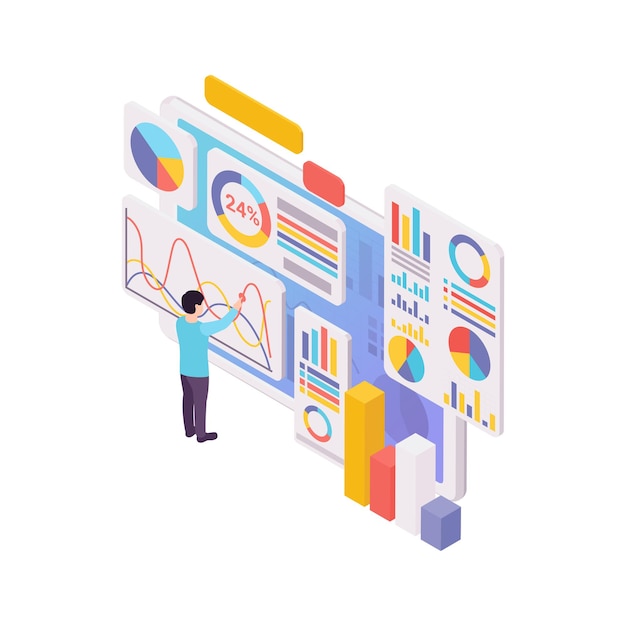 Blogging concept with human character graphs and diagrams 3d isometric illustration