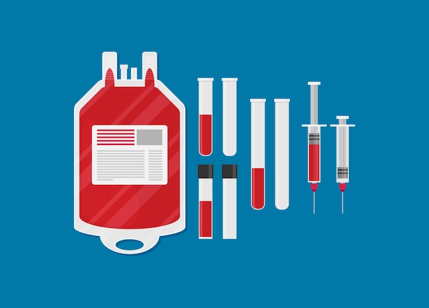 Blood donation bag with tube shaped as a heart Flat style vector illustration