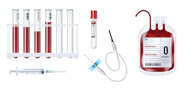 Blood donation transfusion and testing equipment Realistic blood bag with red cells laboratory and collection tube injection set with needle syringe and blood droplet Vector illustration
