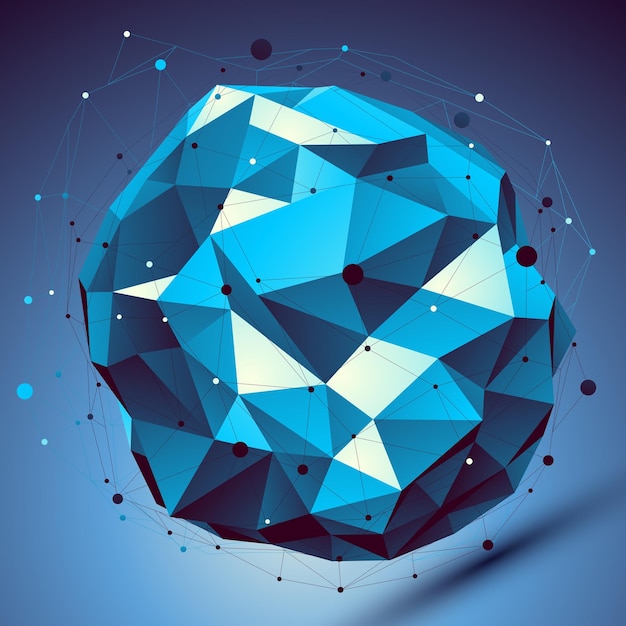 Blue 3D modern perspective abstract background, origami facet spherical structure with wire network.