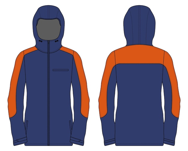 Blue and orange outdoor jacket mockup front and back view