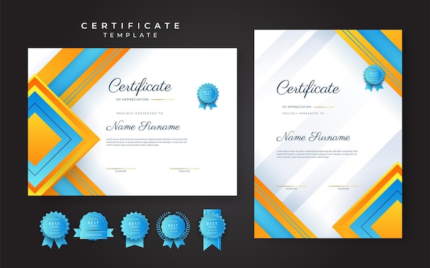 blue and orange yellow certificate of achievement border template with luxury badge and modern line pattern for award business and education needs