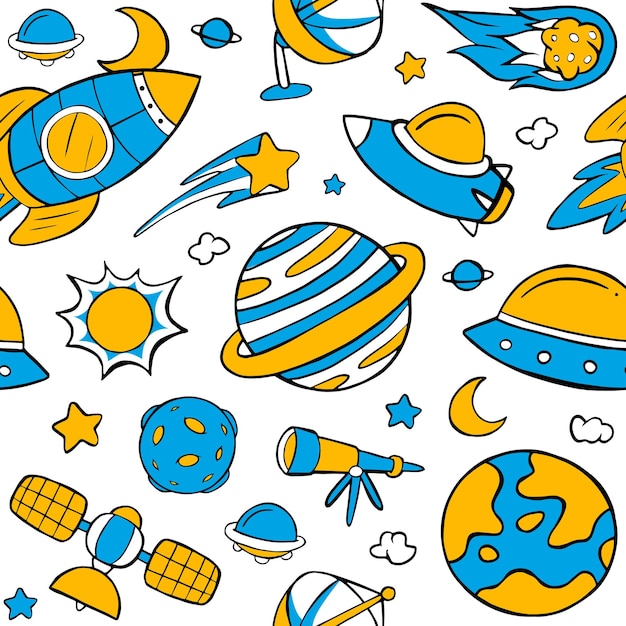 blue and yellow space seamless pattern in flat design style