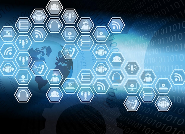 Blue background with the outline of the globe computer symbols and a set of numbers