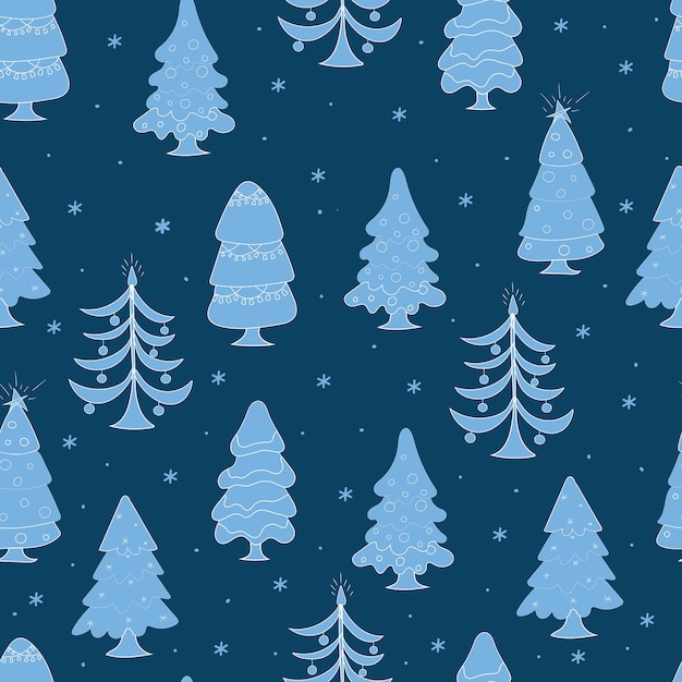blue Christmas trees decorated with white decorations seamless pattern Christmas trees