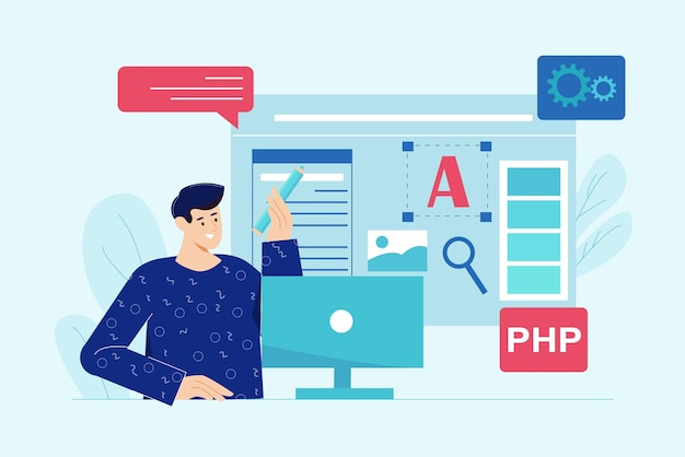 Blue concept Web design with people scene in the flat style Web designer work on creating new sites