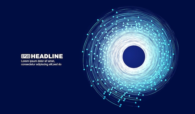 Blue dots and lines form a luminous spiral abstract graphic vector background