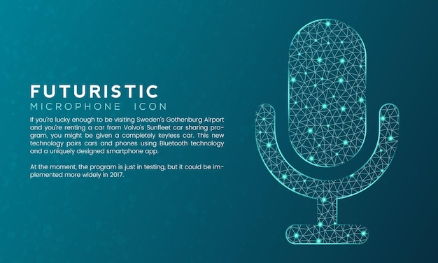 Blue futuristic microphone concept with polygon node connected dots and neon effect