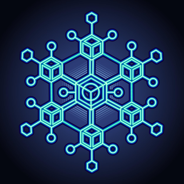 blue glowing cyber network with frozen geometric nodes glowing blue blockchain encrypted ice grid