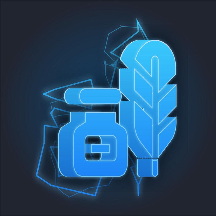 Vektör blue lighting thunder effect ink bottle and feather icon with dark background