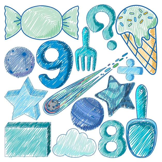 blue objects in pencil colour sketch simple style