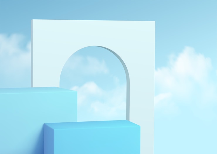 Vektör blue product podium showcase on the background of clear sky with clouds.