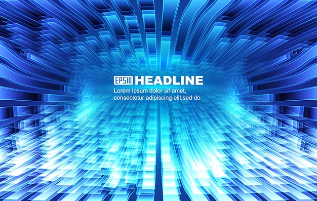 blue ribbonlike polygons and lines extend vertically against a vector background of future technolo