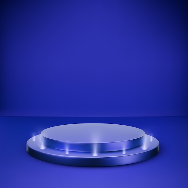 Blue round podium on dark background. Platform illuminated by spotlights. Empty pedestal for award ceremony. Vector illustration