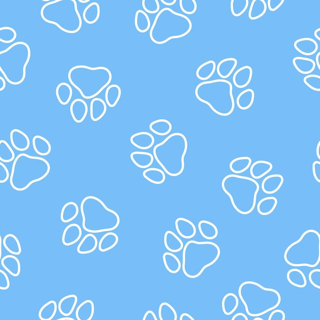 Blue seamless pattern with white outline paws