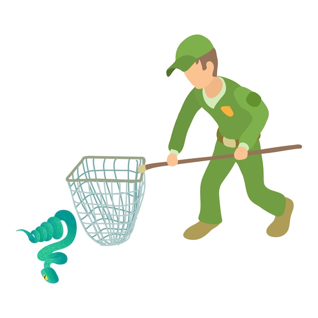 Blue snake icon isometric vector Man in uniform with landing net near snake Reptile capture herpetology