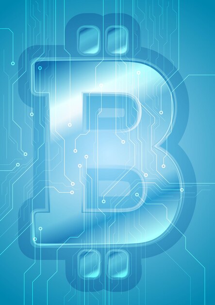 Blue technology background with bitcoin money emblem and circuit board lines Internet digital crypto currency symbol