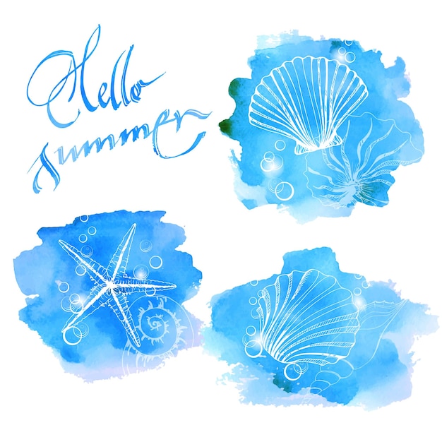 blue watercolor background with seashells. summer background. vector illustration