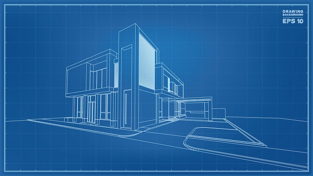 Blueprint Perspective. 3D render of tropical house wireframe. Vector illustration of house construction idea.