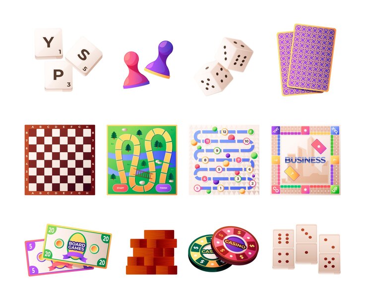 Vektör board games cartoon table card strategy and group games for playing with family and friends kids and adult home activity