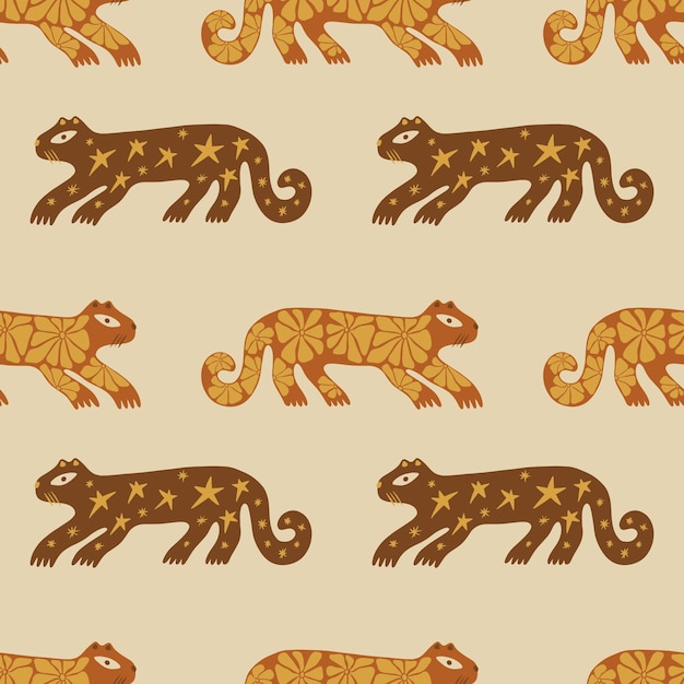 Boho leopards seamless pattern doodle folk style cute animal hand drawn flat vector pattern