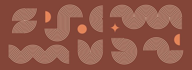 Boho linear element collection Brown wave and arc forms design Mid century curves and arches set