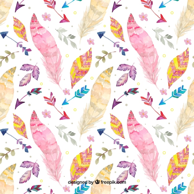 Boho pattern with watercolor feathers
