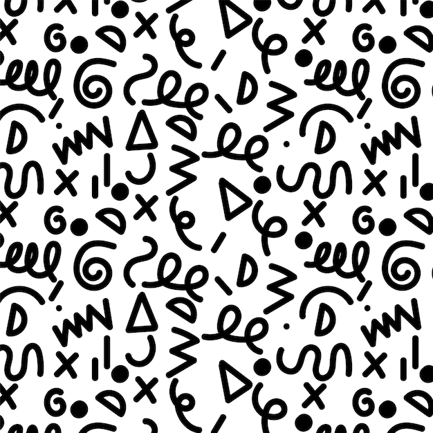 Bold seamless pattern featuring abstract geometric shapes like zigzags triangles squiggles