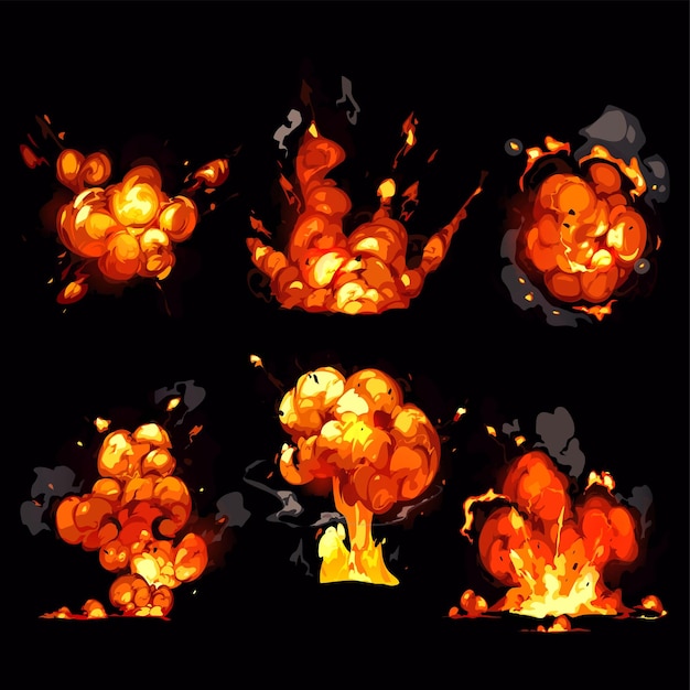 bomb explosion fire set Boom clouds and smoke elements for ui game design Dangerous explosive
