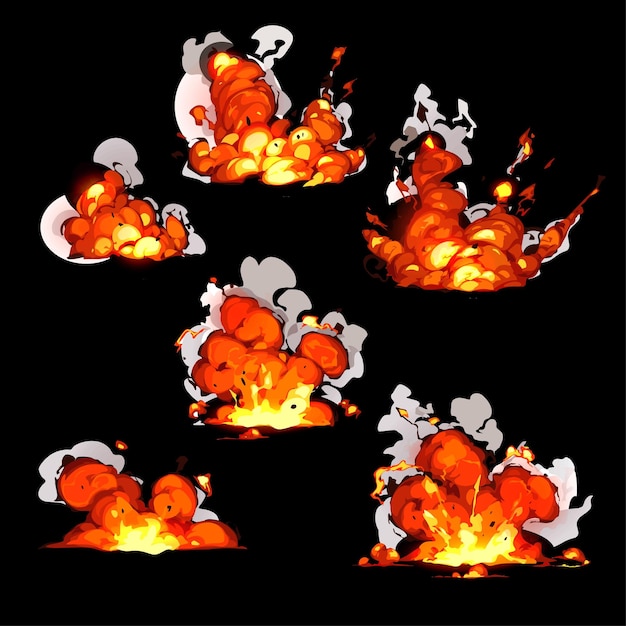 bomb explosion fire set Boom clouds and smoke elements for ui game design Dangerous explosive