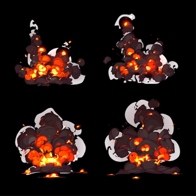 bomb explosion fire set Boom clouds and smoke elements for ui game design Dangerous explosive