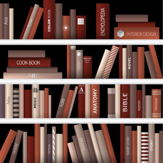 Book shelf Realistic vector illustration Bookstore indoor
