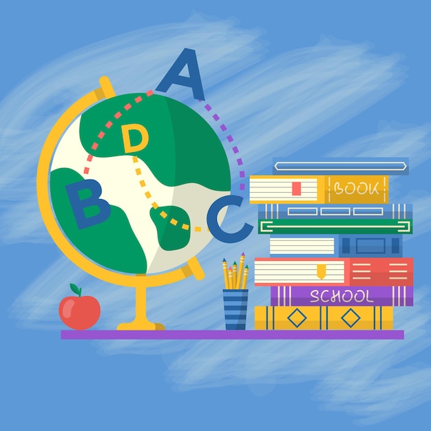 Books and globe for Back to school poster. Vector template for banner, promo, invitation, ad