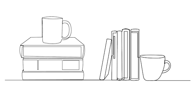 books and mugs drawing in one continuous line isolated vector