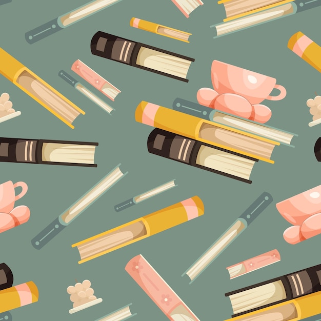 Books and tea cups on a green background Seamless pattern Vector illustration