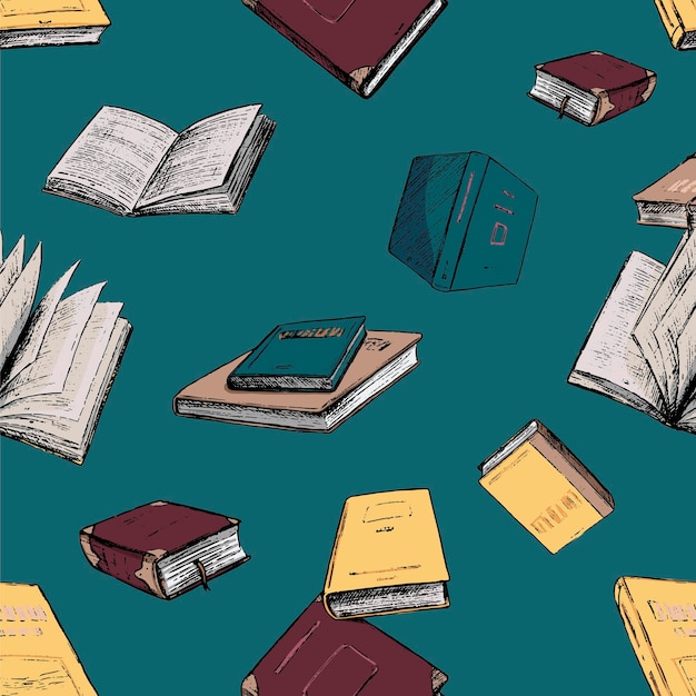 Books vector seamless pattern. Vintage hand drawn background. Abstract ornament in sketch style, boho.