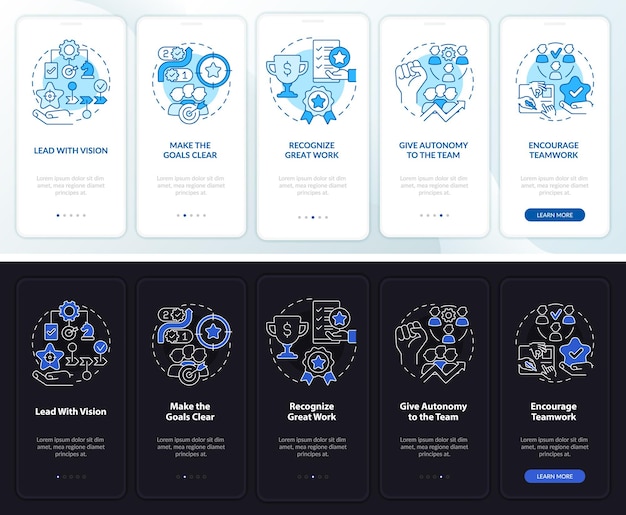Boost worker motivation night and day mode onboarding mobile app screen