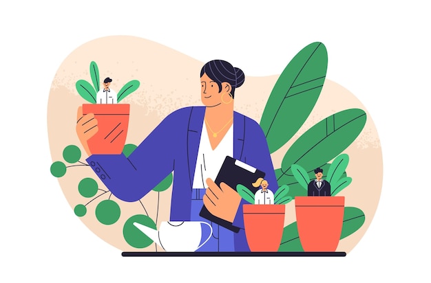 boss cultivate potted plant with business people isolated. mentoring and growing employees vector flat illustration. concept of human resource management, supervise, professional growth and career.