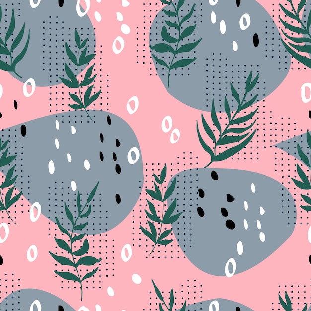 Botanical abstract seamless pattern of twigs with dots and spots