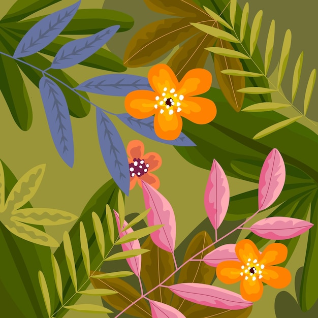 Botanical tropical leaves and flowers in jungle forest pattern vector illustration for background