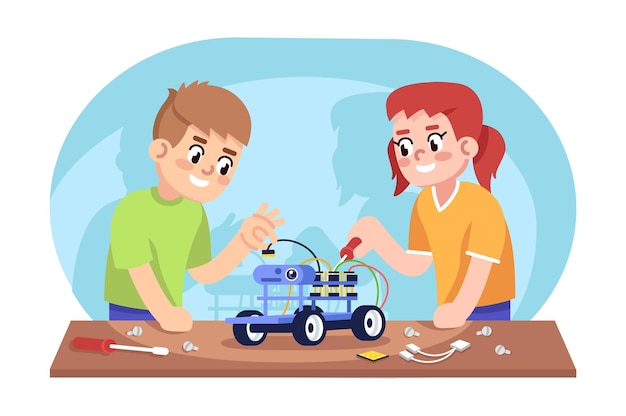 boy and girl assembling robot car flat vector illustration