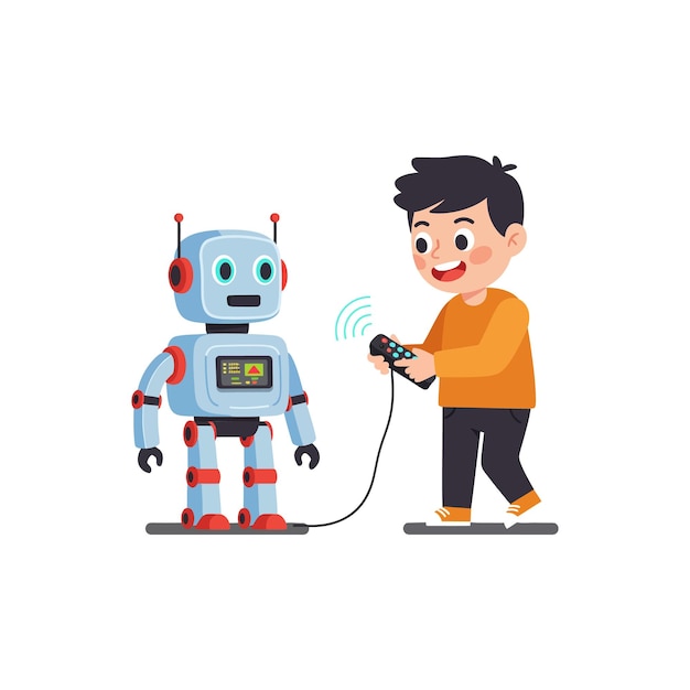 Boy interacting with friendly robot in flat colorful playful vector illustration