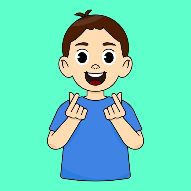 boy smiles and shows heart with finger i love you gesture